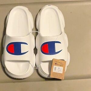 Champion Mens White Slide Sandals with Blue and Red Logo
